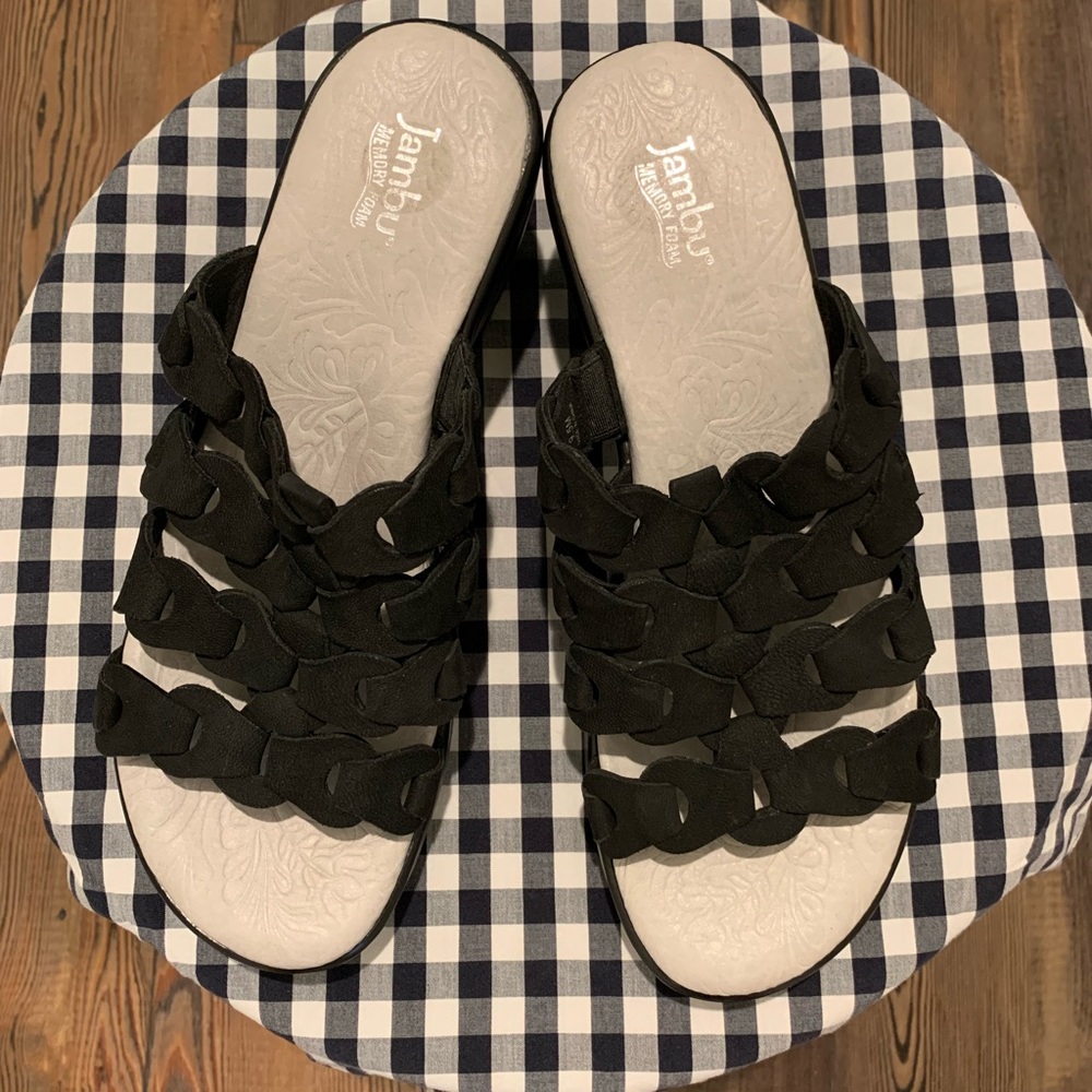 Jambu Size 9.5 Memory Foam Romance Platform Wedge Slip On Black Sandal